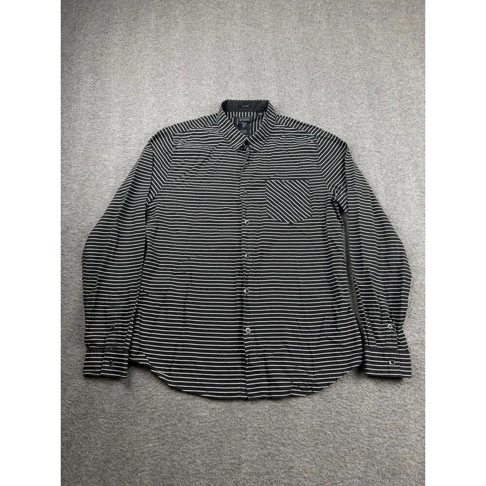 Guess Men's Slim Fit Black and White Striped Button-Up Shirtā Size Medium